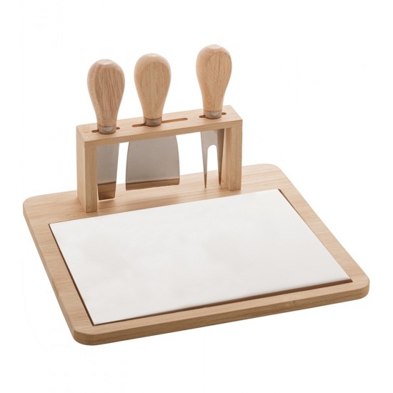 Jogo Para Queijo Tabua De Bambu E Cerâmica Com 3 Utensílios De Aço Inox E Cabo De Bambu Cheese Desig